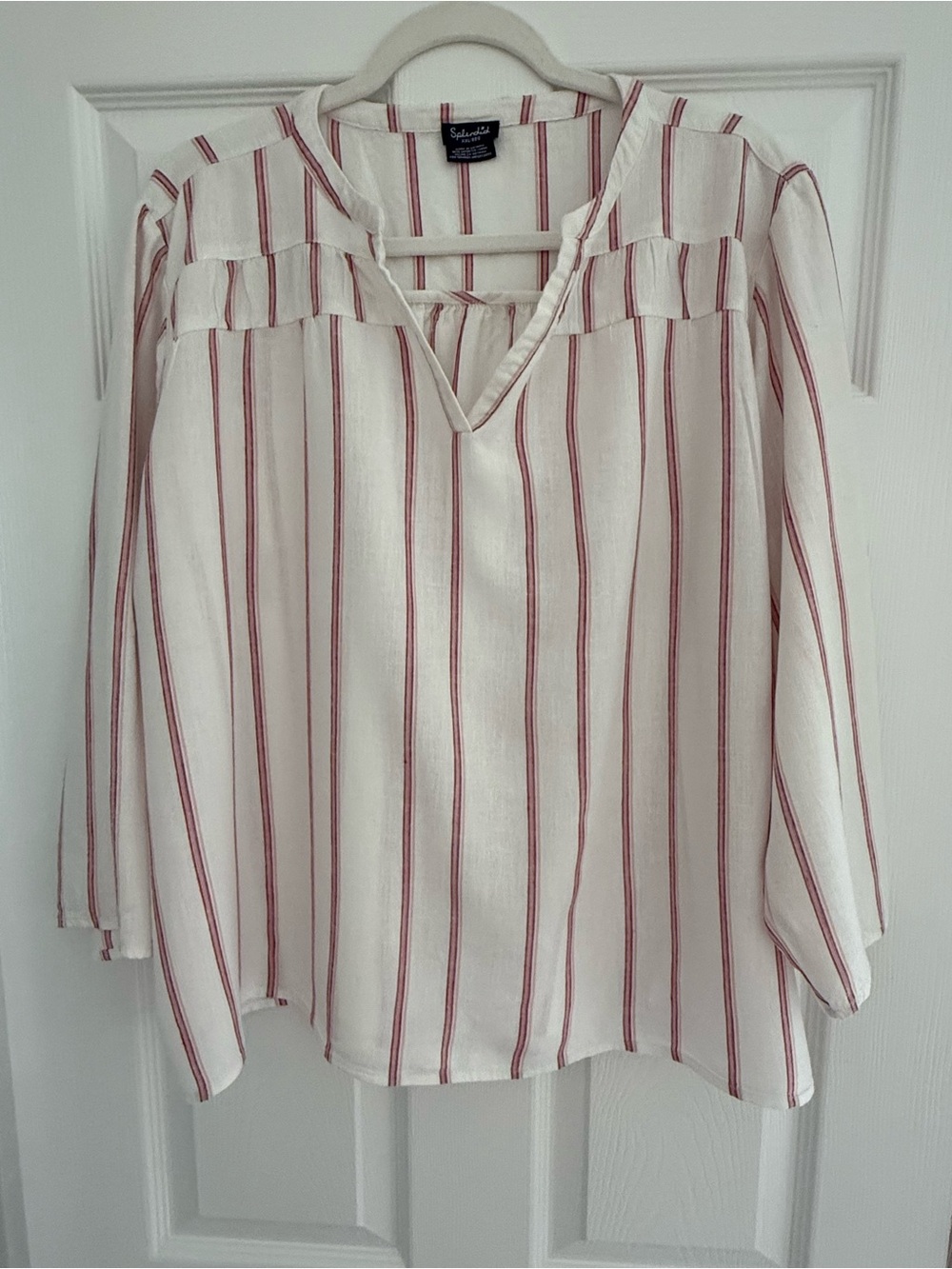 Splendid Cream Blouse with Red Vertical Stripes